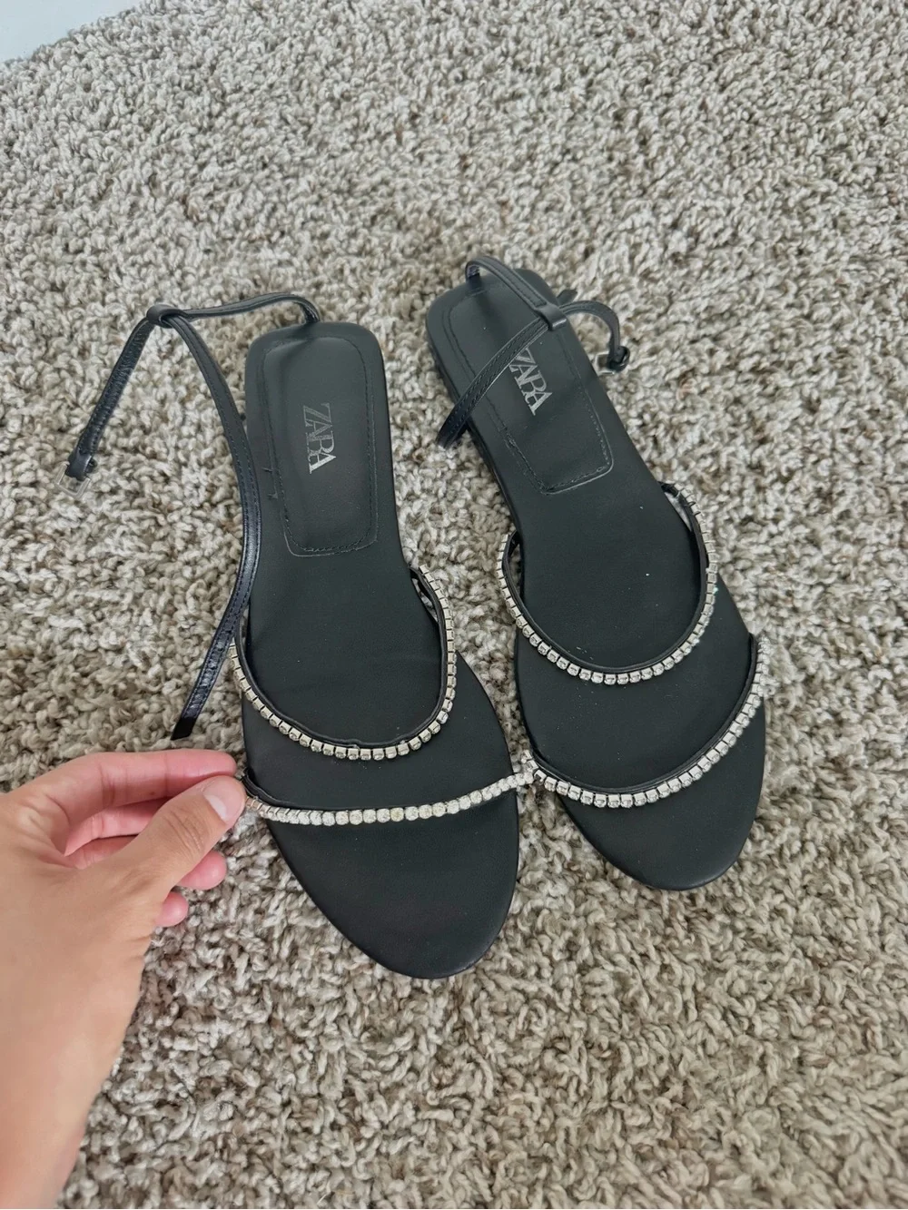 Zara Black Crystal-Strap Ankle-Secured Flat Sandals - Picture 3 of 6